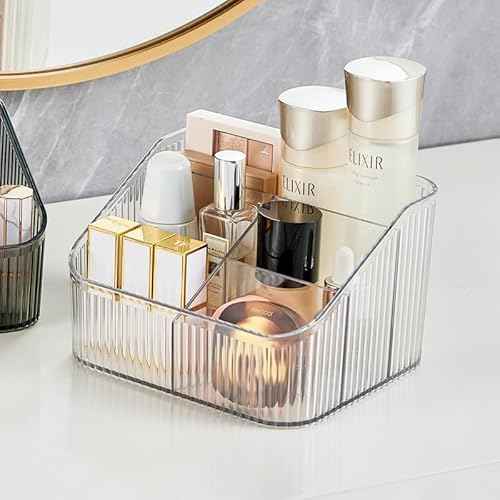Makeup Organizer Cosmetics Storage Box, Large Capacity Make Up Brush Holder Organizer Vanity Accessories, Bathroom Countertops, Desk Storage Container, Cosmetic Display cases(White-L)
