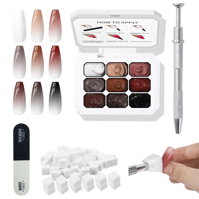 Pat Gel Nail Polish Palette,9 Colors Ombre Gel Nails Gradient Blush Painting Gel Thick,100 Sponges 6 Brushes 1 Grabber, No Wipe, UV/LED Cured (Sponge Pat Gel Set A)