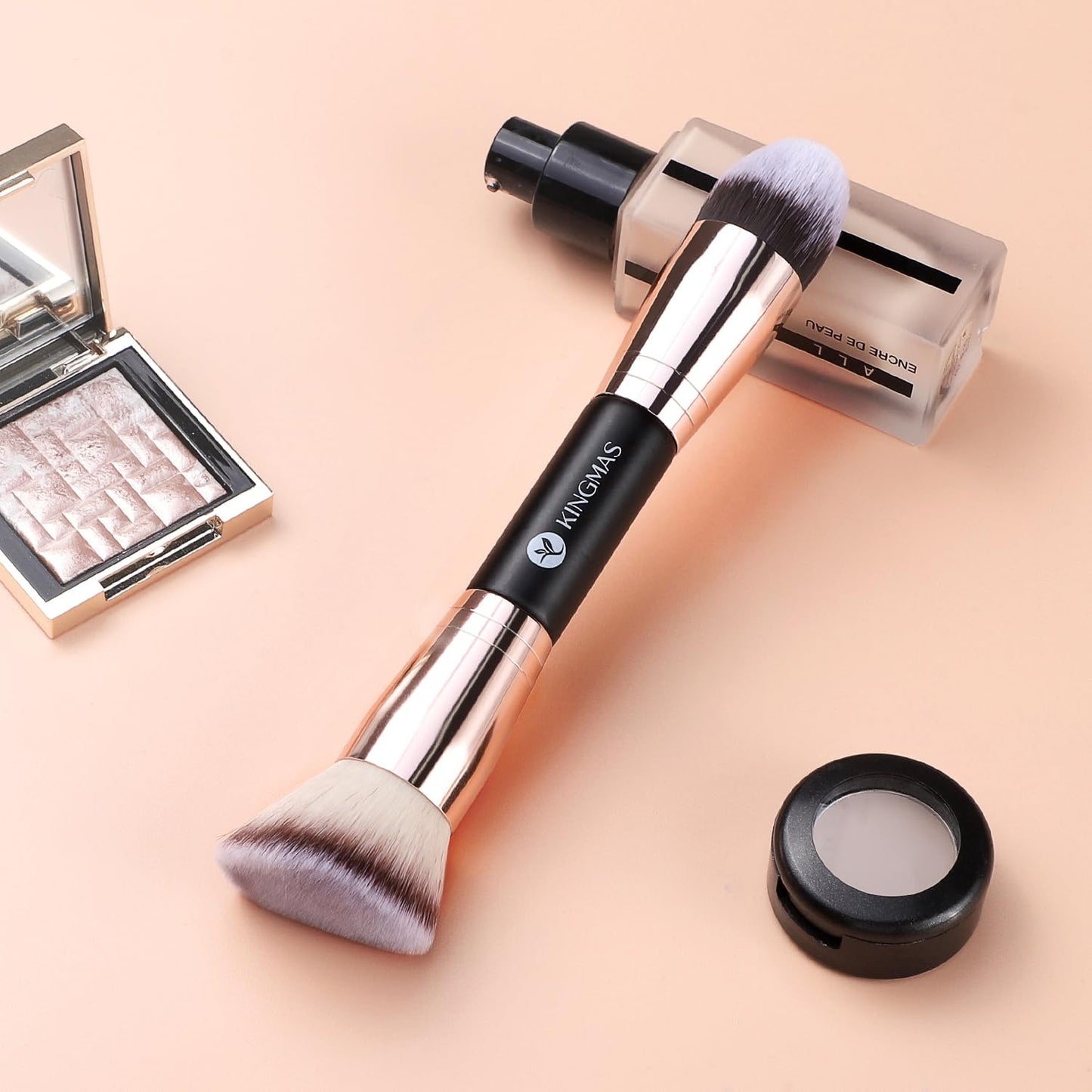 KINGMAS Foundation Makeup Brush, Premium Kabuki Brush, Double-Ended Contour Brush (Flat/Angled Round Top) for Blending Liquid Powder Concealer Cream Blush Makeup Brush