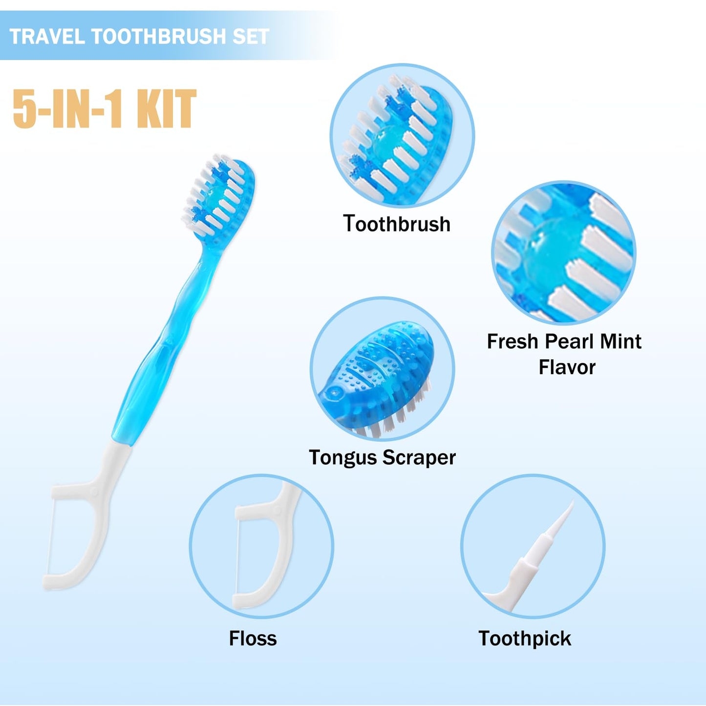 40 Individually Packaged Disposable Travel Toothbrushes with Fresh Beads, 5-in-1 Convenient Mini Disposable Toothbrush (Toothbrush + Fresh Beads + Tongue Scraper + Dental Floss + Pick)