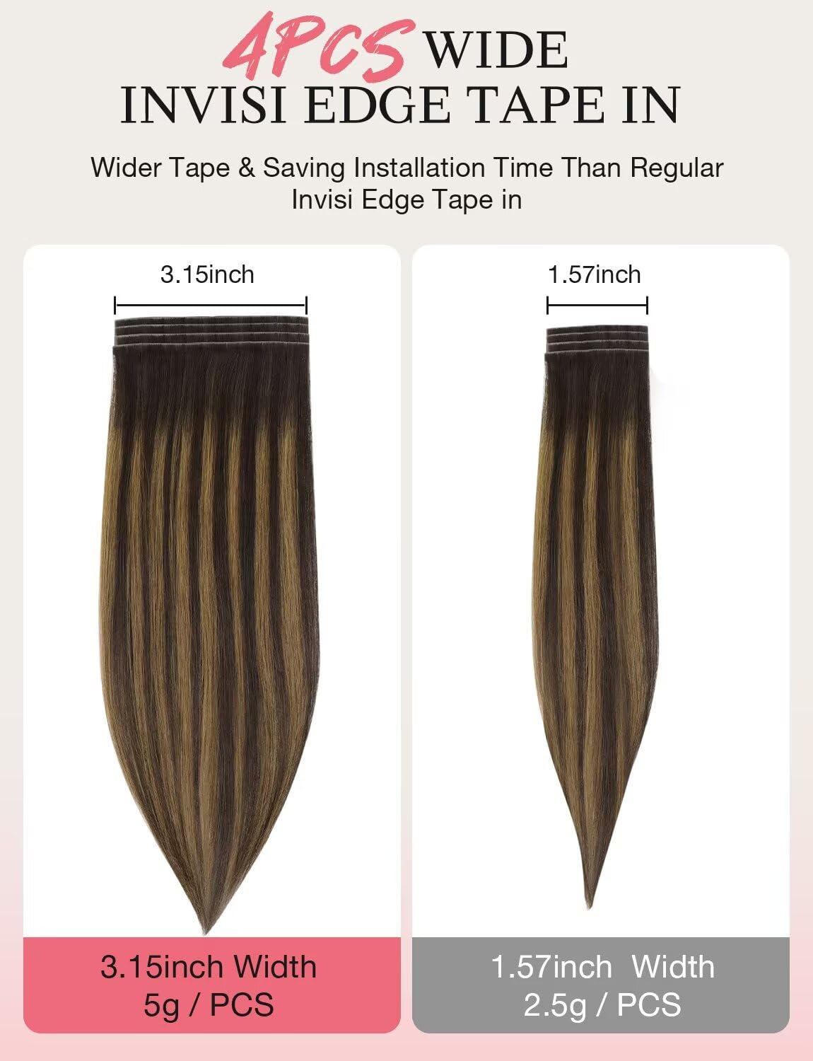 DOORES Invisi Edge Wide Tape in Human Hair Extensions, Dark Brown to Chestnut Brown 4PCS Injection Tape ins 20g 18 Inch, Injected 3 Inch Wide Extensions Straight for Thinning Hair