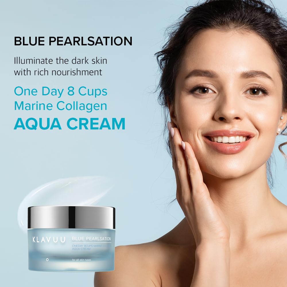 KLAVUU BLUE PEARLSATION ONE DAY 8 CUPS AQUA CREAM–Cooling Effect & Light Weight Texture, Hypoallergenic Soothing & Wrinkle Care Cream with Niacinamide, Korean Skin Care–1.69 floz