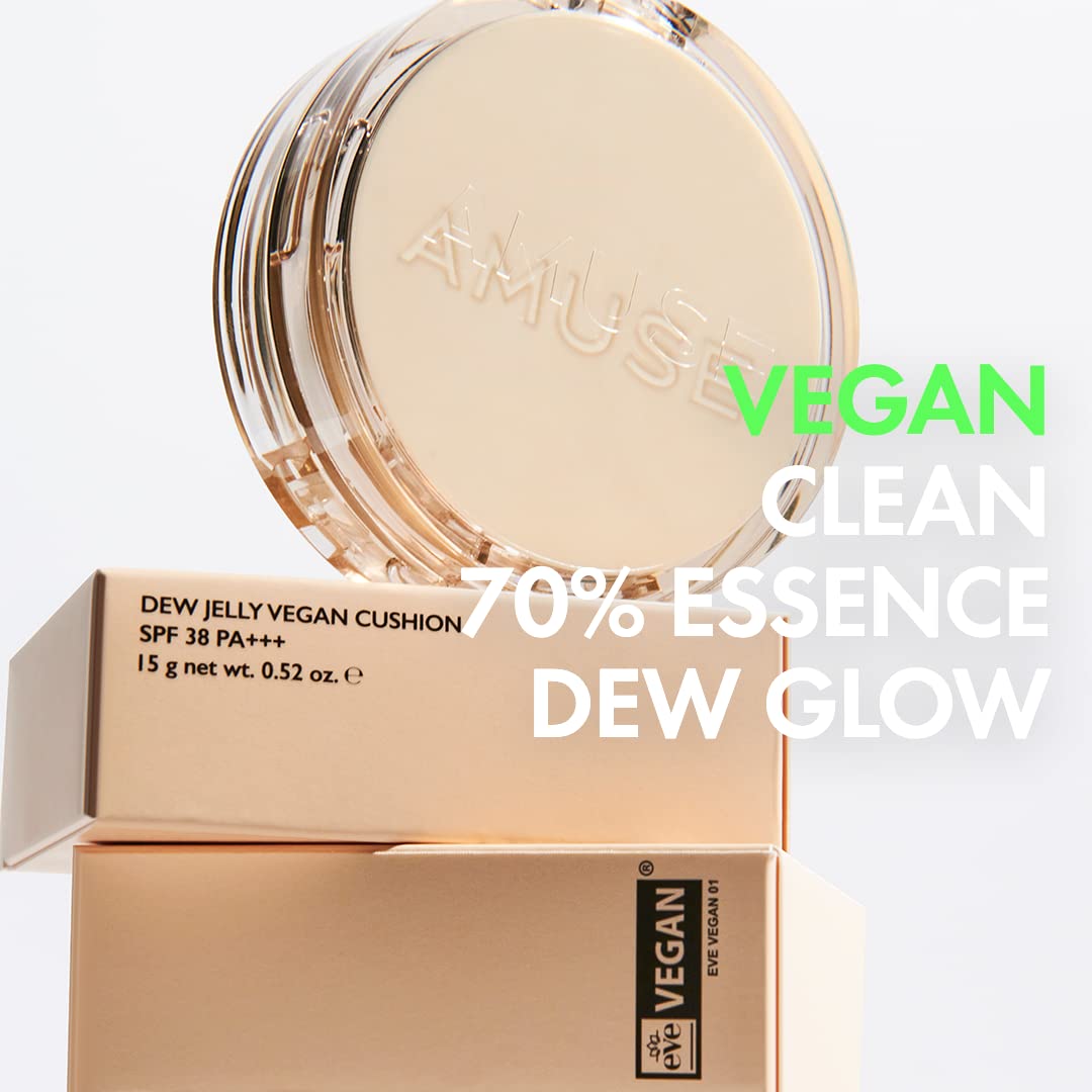 AMUSE SEOUL Dew Jelly Vegan Cushion Foundation (03 HONEY) - Full Coverage, Dewy Glow Finish, Lightweight, Long Lasting, Firming Texture, All Skin Types, Vegan, Korean Makeup