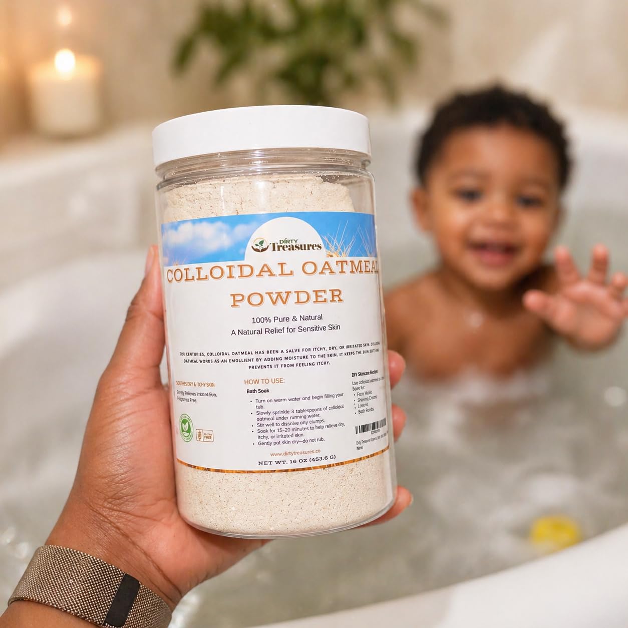Dirty Treasures Colloidal Oatmeal Bath | Eczema & Itchy Skin Relief | Baby-Safe, 100% Natural, Fragrance-Free | 1 lb (16oz)