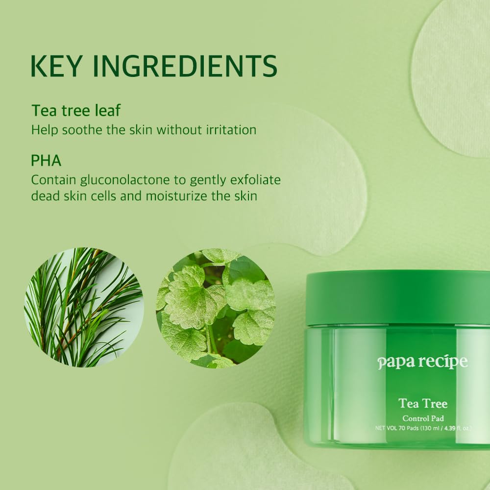 Papa Recipe Tea Tree Soothing Toner Pads (70 Sheets) – Calming Exfoliating Pads with PHA for Clearer, Balanced Skin – Korean Skincare
