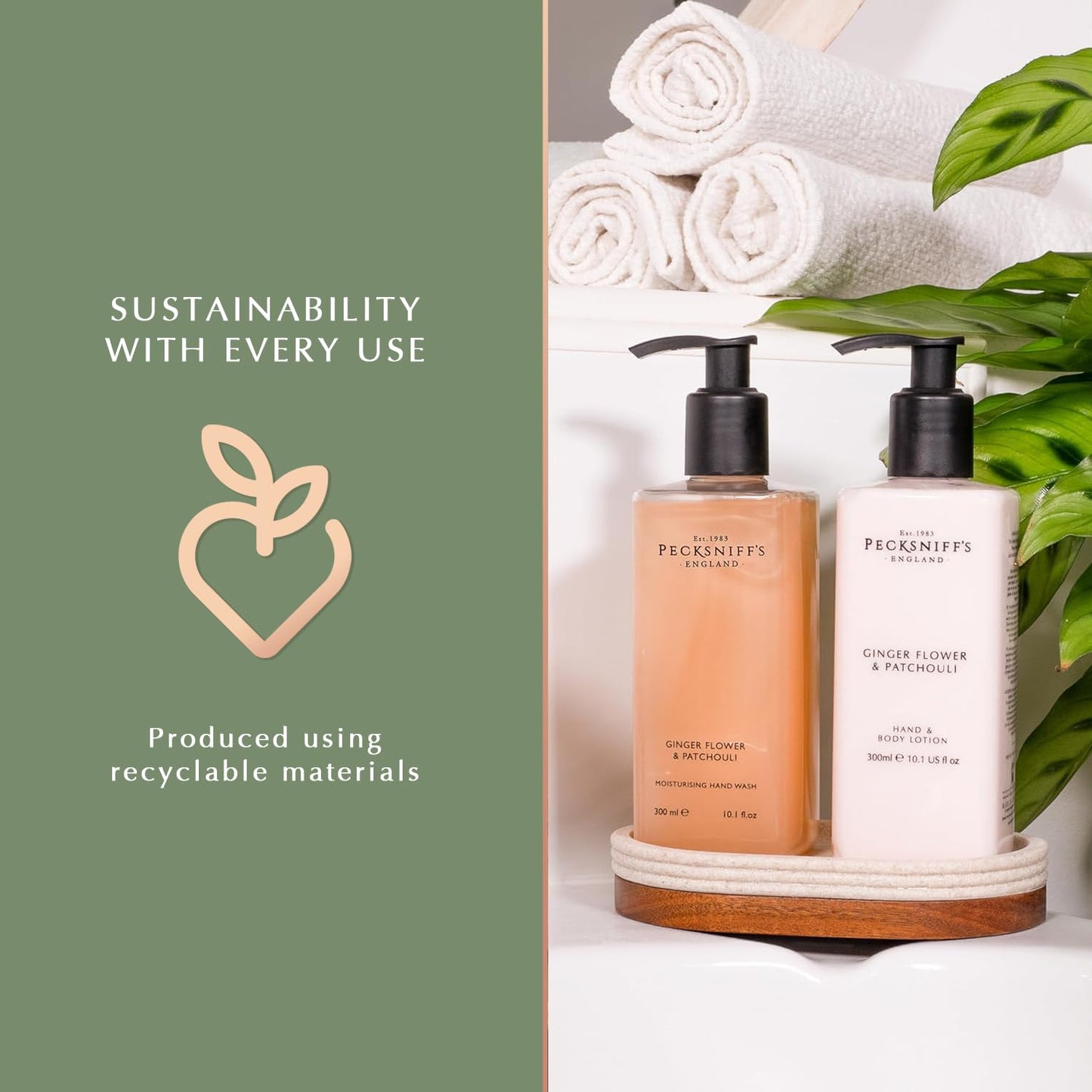 Pecksniffs Luxury Bath Gift Set, Ginger Flower and Patchouli Moisturizing Hand Soap and Body Lotion Set with Caddy, 10.1 Fl Oz