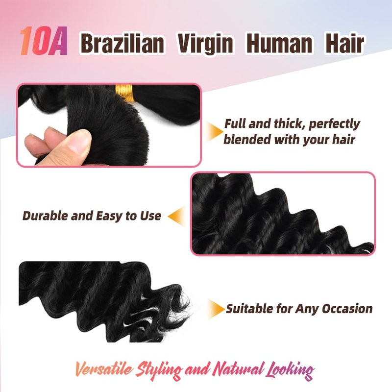 Human Braiding Hair - 16 Inch 100g Boho Braids | 10A Deep Wave Brazilian Virgin Wavy Extensions in Natural Black