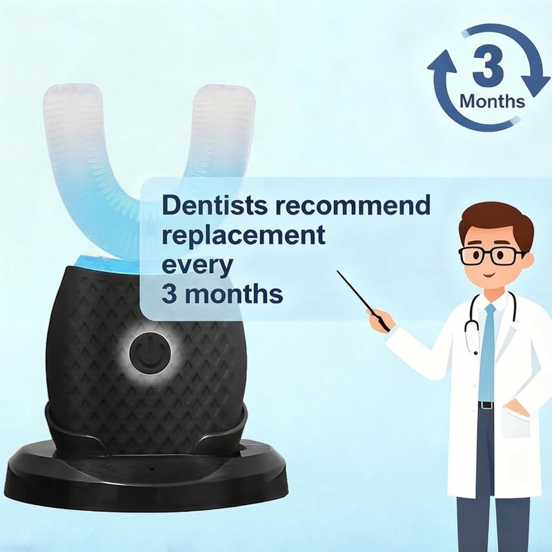 U-Shaped Toothbrush for Adults - Ultrasonic Foam Cleaning, Hands-Free Design, 4 Brush Heads | Black with Blue LED Light