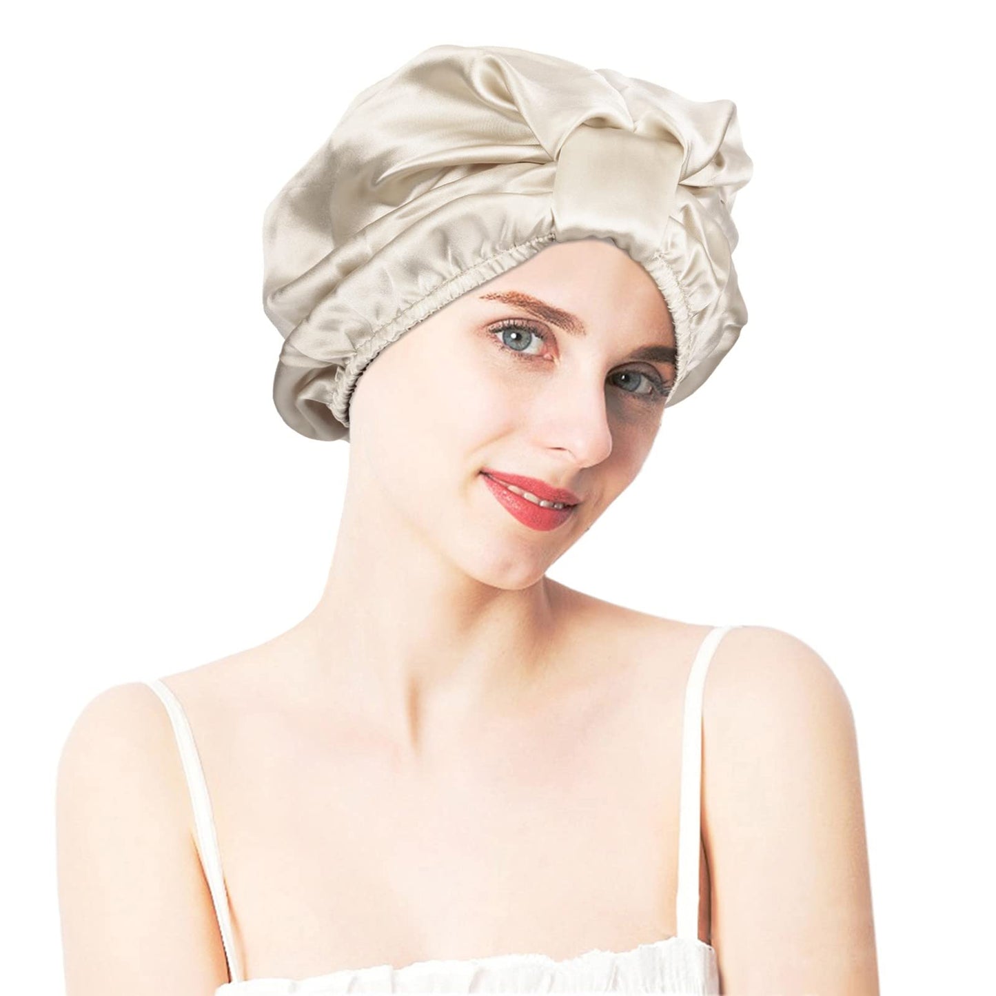Sportmusies Mulberry Silk Sleep Cap Hair Care Elastic Ruched Nightcap for Long Hair Breathable Satin Bonnet, Khaki