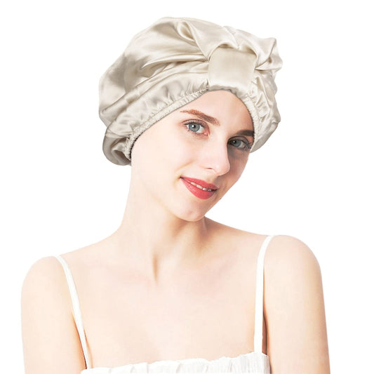 Sportmusies Mulberry Silk Sleep Cap Hair Care Elastic Ruched Nightcap for Long Hair Breathable Satin Bonnet, Khaki