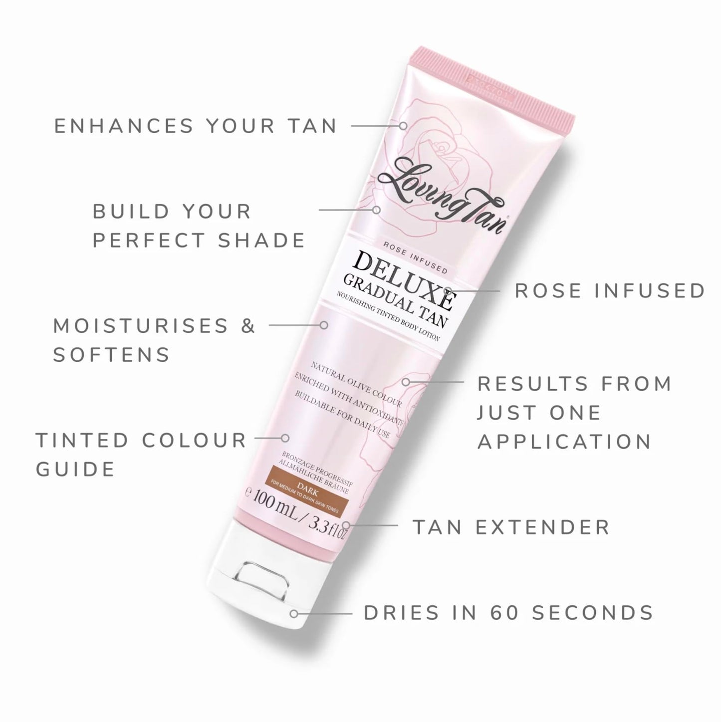 Loving Tan Rose Scented Deluxe Gradual Tan Lotion, Dark-Natural Looking Self Tanner, Professional Strength Sunless Tanner, 5+ Self Tanning Applications-Cruelty Free, Naturally Derived DHA-3.3 Fl Oz