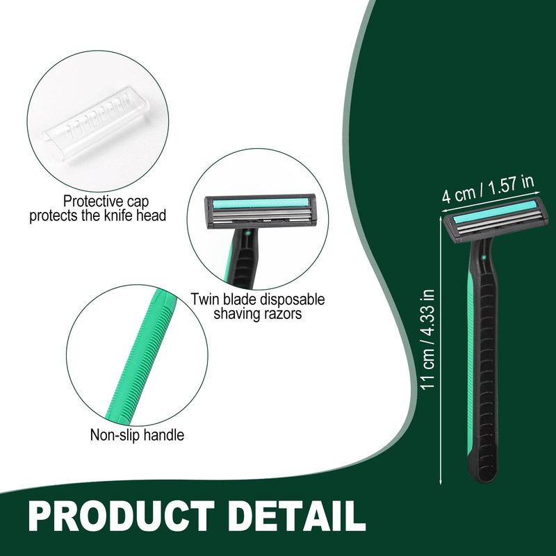 Fafortune Disposable Twin Blade Razors in Bulk, Individually Wrapped - Clear Safety Cap, For Homeless, Hotel, Airbnb, Travel (pack of 200,green)