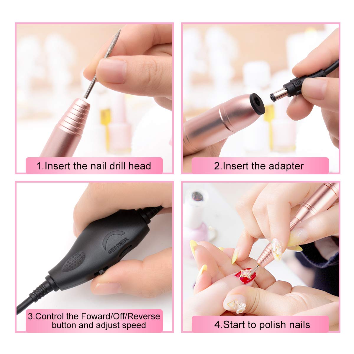 Portable Nail Drill Electric Nail File Professional 20000 RPM Manicure Pedicure Machine Nail File Drill Kit with Sanding Bands,Nail Drill Bits and Brushes for Acrylic Gel Nails(Gold)