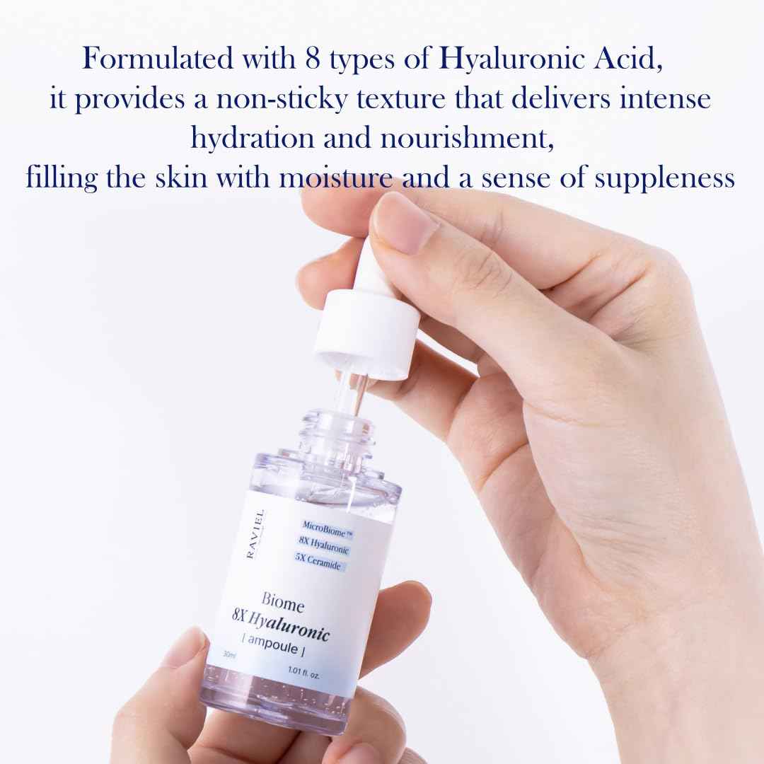 RAVIEL Biome 8X Hyaluronic Ampoule – Intensive Hydration & Pore Care Serum with 5X Ceramide for Dehydrated, Sensitive Skin, Korean Skincare, 30ml 1.01 fl oz