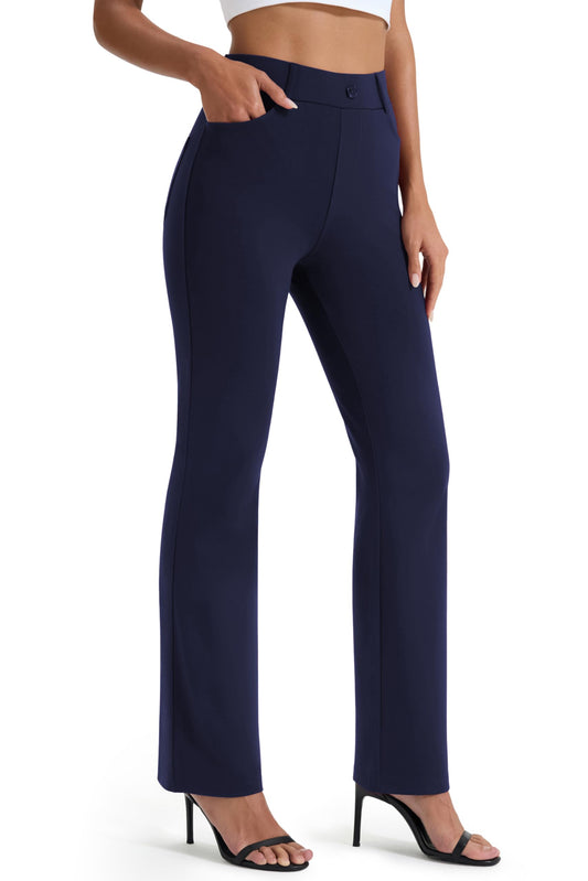 AFITNE Women's Yoga Dress Pants Stretchy Straight Leg Bootcut Work Travel Pants Business Office Casual Slacks with Pockets 31" Navy, L