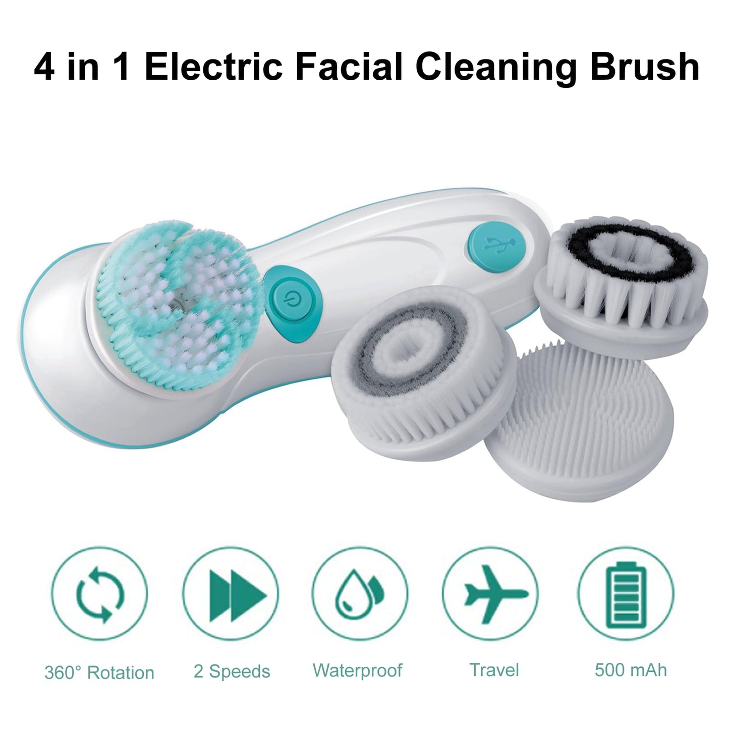Facial Cleansing Brush, Electric Face Scrubber with 4 Cleanser Heads and 2 Speeds Adjustable for Deep Cleaning, Portable Rechargeable and Waterproof Face Wash Brush for Women & Men (Green)