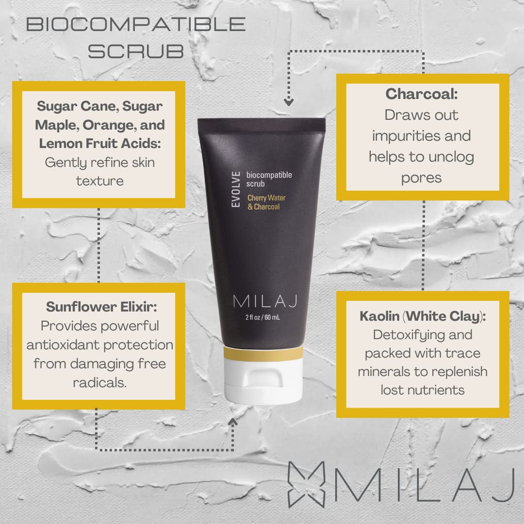 MILAJ Evolve Biocompatible Face Scrub | Charcoal & Cherry Water Facial Exfoliator to Cleanse Pores and Reduce Uneven Skin Tone | Clean Skincare for Regular Use 2fl oz