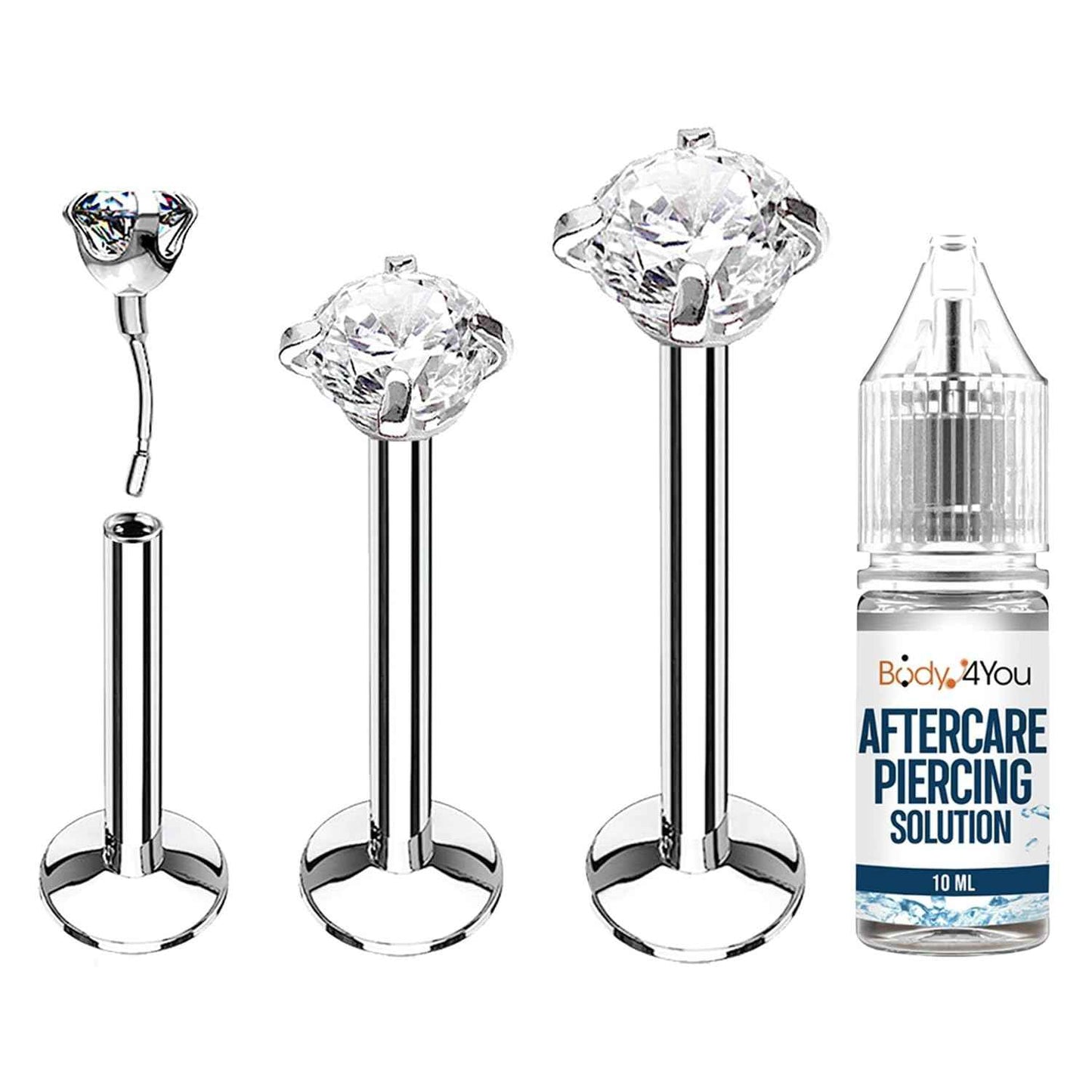 BodyJ4You 4PC Labret Tragus Cartilage 16G Studs - Piercing Aftercare Saline Cleanser