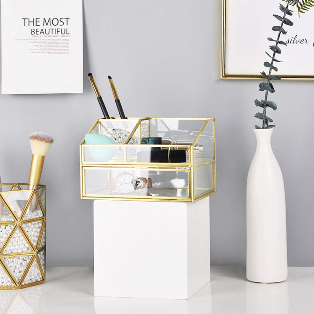 YUEHUA Clear Makeup Organizer, Glass Jewelry Display Box, Gold Makeup Nail Polish Lipsticks Eyeliners Holder Organizer for Vanity Bathroom Office