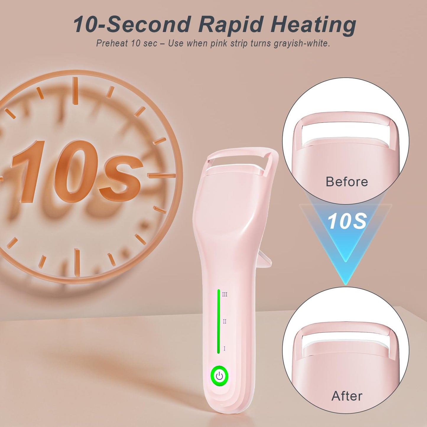 Heated Eyelash Curler for Women, Type-C Rechargeable with 3 Temp Settings & Silicone Pad for Natural C Curl, Travel-Friendly Heated Lash Curler (Pink)