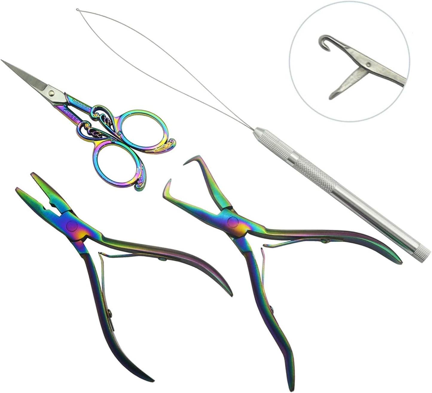 Hair Extension Beading Tool Kit - Micro Link Bead Closer, Remover Pliers & Scissors Set | Rainbow Color
