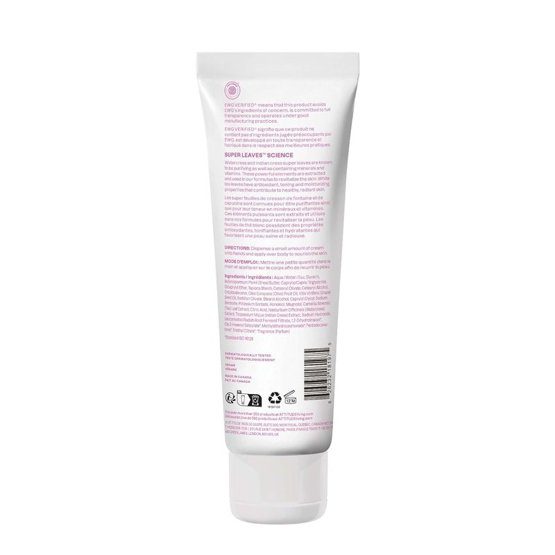 ATTITUDE Body Cream - EWG Verified Vegan Moisturizer for Dry Skin | Infused with White Tea Leaves, 8 Fl Oz