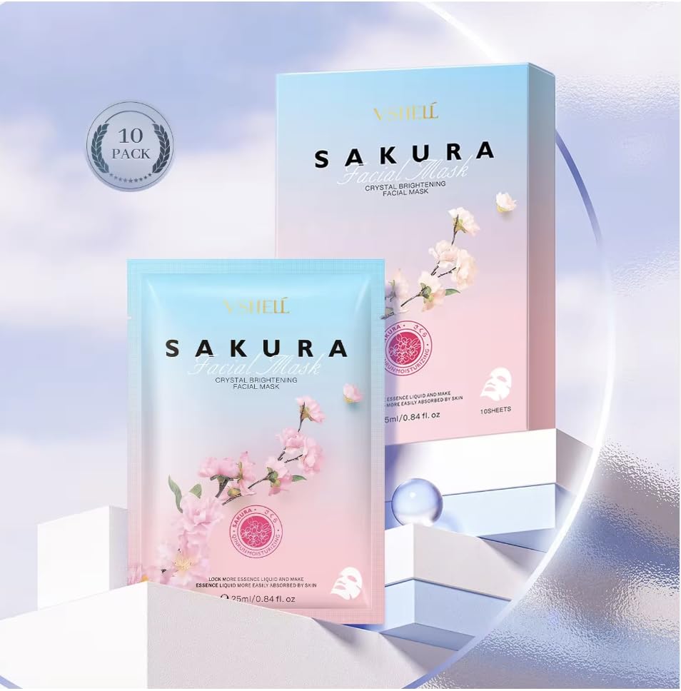 Brightening Face Sheet Mask, Set of 10 - Japanese Hydrating Beauty Skincare with Sakura Extract for Women and Men - Moisturising Anti Aging Facial Treatment - Ideal for Sensitive Skin