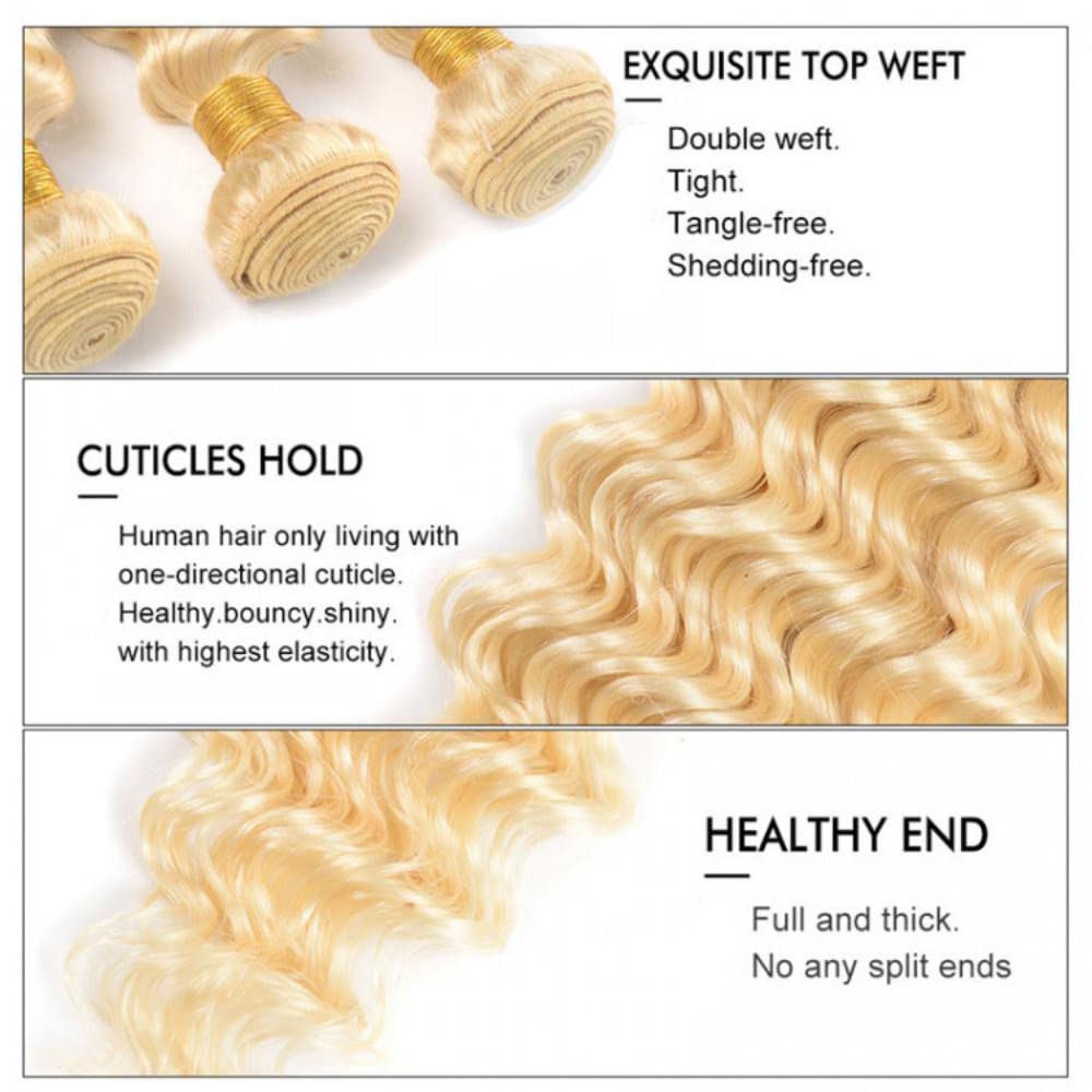 FuivJuix 613 Blonde Bundles Deep Wave Bundles Human Hair 16 16 16 Inch Brazilian Virgin Hair Honey Blonde Deep Wave Bundles Human Hair Extensions 3 Bundle 50 Gram Per Bundle