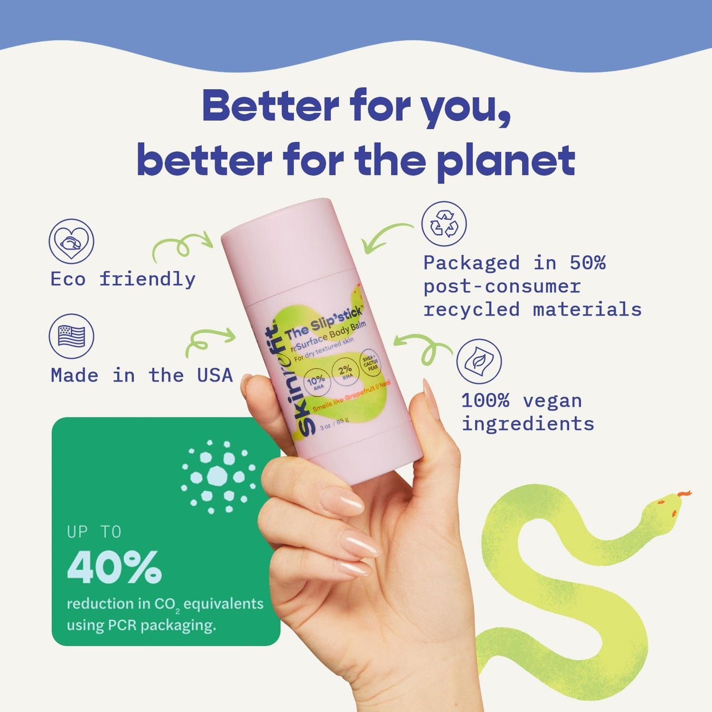 SKINREFIT The Slip'stick 10% Glycolic Acid Exfoliating Body Stick for Strawberry Legs, Bumps on Arms and Dry Rough Skin. KP Treatment with 10% AHA, 2% BHA | Large 3 oz