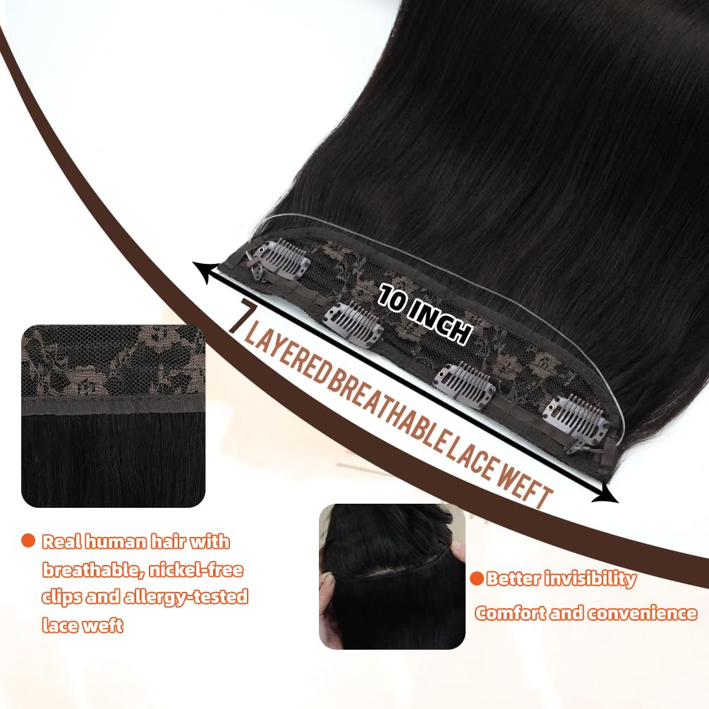 Invisible Wire Hair Extensions Real Human Hair - 14 Inch 70G Chestnut Brown Transparent Fish Line Clip-Ins Hair Piece, 100% Remy Human Hair Extensions for Women