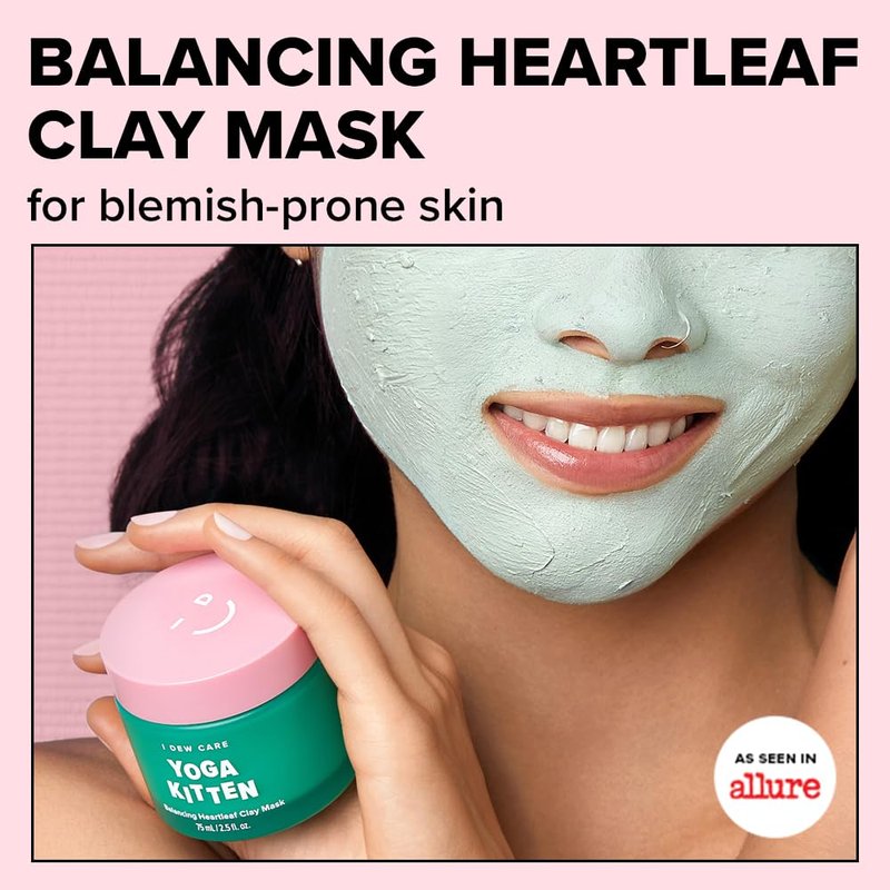 I DEW CARE Heartleaf Clay Mask - Yoga Kitten | Wash-off, For Blemish-prone with Kaolin, Heartleaf, Tea Tree Extract, Home Spa, Korean Skincare, Glass Skin Look, Soothing, Christmas Gifts, 2.5 FL Oz