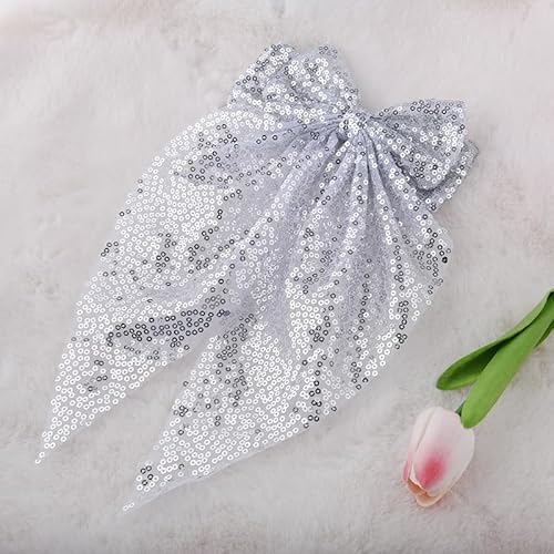 Silver Glitter Bow Hair Clip Sparkly Long Tail Hair Bow Clip Christmas Hair Clips Barrettes for Women Girls Extra Large Bling Bow Hair Clips for Women Silver Christmas Hair Accessories for Girls Women