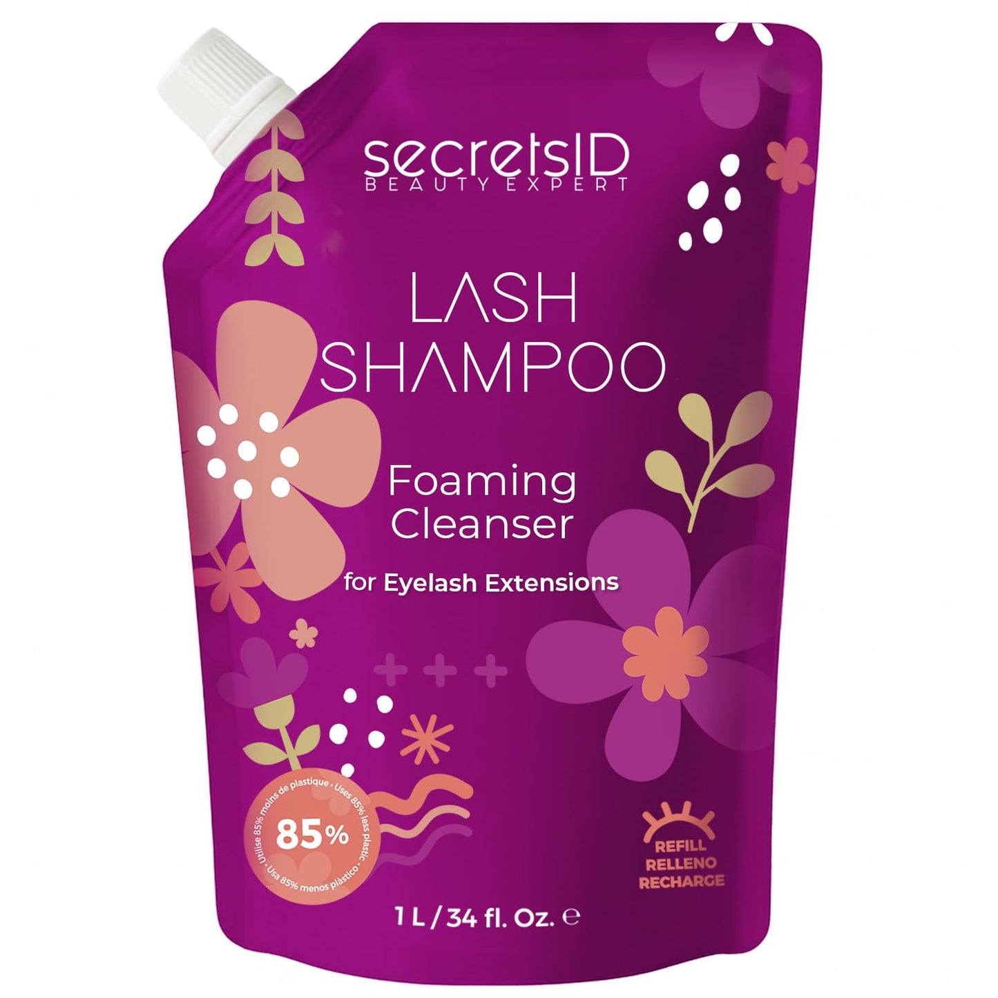 SecretsID Professional Lash Shampoo for Extensions - 1 Litre Eco-Refill Bulk - Salon-Grade Eyelash Cleanser, Oil-Free, Fragrance-Free, Made in America – Lash Wash Concentrate