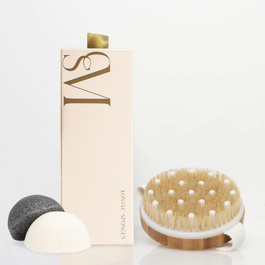 CSM Body Brush & Konjac Sponges (3-Pack) Bundle - Wet or Dry Body Brush - Reduce The Appearance of Cellulite, Dry Skin. Improves Circulation Facial Sponges - Cleanses Dirt, Oil, Dead Skin, and Makeup