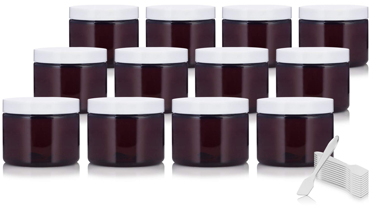 (12 pack) 6 oz Amber Plastic Low Profile Jar with White Lid Refillable Storage