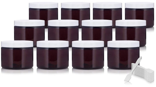 (12 pack) 6 oz Amber Plastic Low Profile Jar with White Lid Refillable Storage