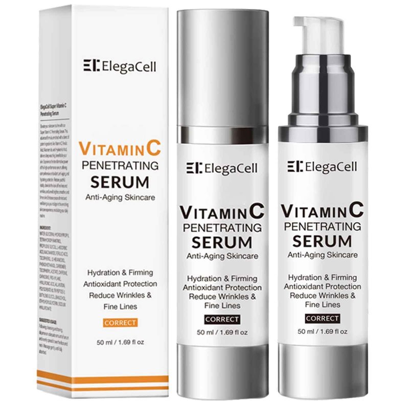 ElegaCell Super Vitamin C Serum for Women Over 70 - All-in-One Hydrating Anti-Aging Formula by Vitamin C, Hyaluronic Acid, Caffeine-Firming, Hydrating,Lifting, Face Wrinkles 1.69 fl oz pack of 2