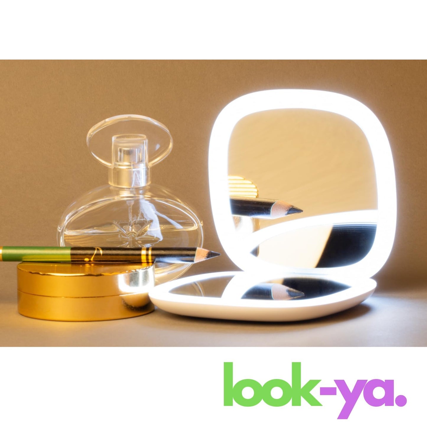 look-ya Compact LED Magnifying Travel Makeup-Mirror - 4 inches 1X/10X Magnification Small Hand Pocket Dimmable Double Sided USB Rechargeable Touch Screen, Portable Tabletop Cosmetic