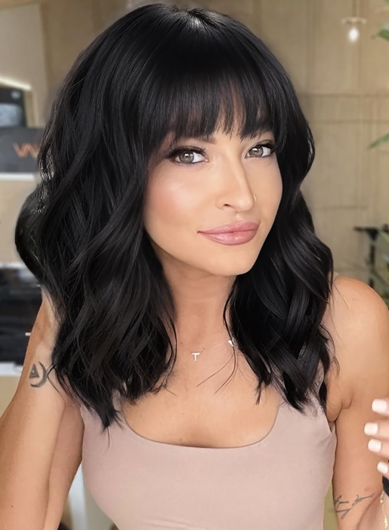 Curly Bob Wig - Short Synthetic Black Wig with Bangs | Heat Resistant Fiber for Natural Look