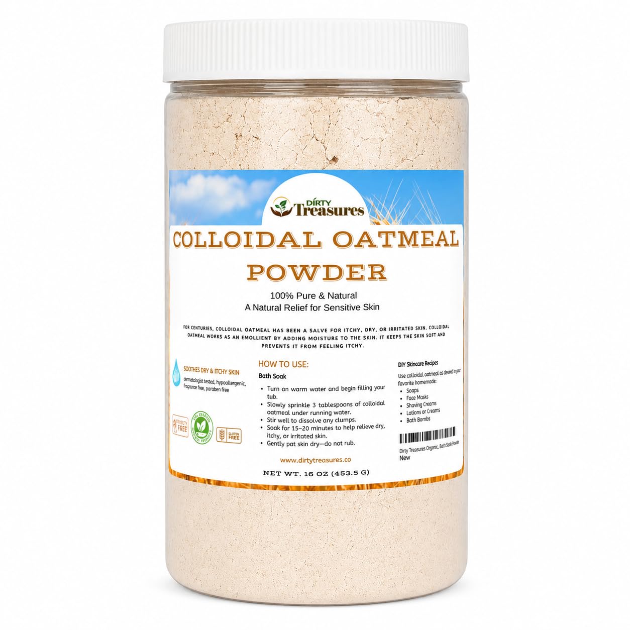 Dirty Treasures Colloidal Oatmeal Bath | Eczema & Itchy Skin Relief | Baby-Safe, 100% Natural, Fragrance-Free | 1 lb (16oz)