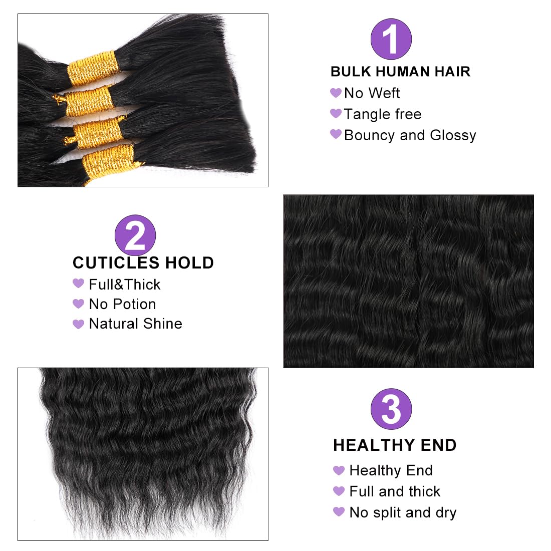 Wet and Wavy Human Braiding Hair No Weft Super Wavy Bulk Human Hair For Boho Braids 100g (1Pack-4PCS) 100% Virgin Human Hair Super French Micro Braiding Bohemian Braids (Super Wavy（#1B), 14 Inch)