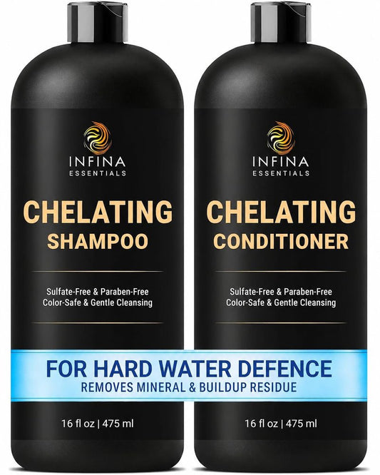INFINA ESSENTIALS Chelating Clarifying Shampoo and Conditioner for Hard Water & Chlorine Removal | 16 fl oz | Sulfate Free Metal Detox Shampoo for Build Up | Deep Cleansing, Color Safe for Swimmers