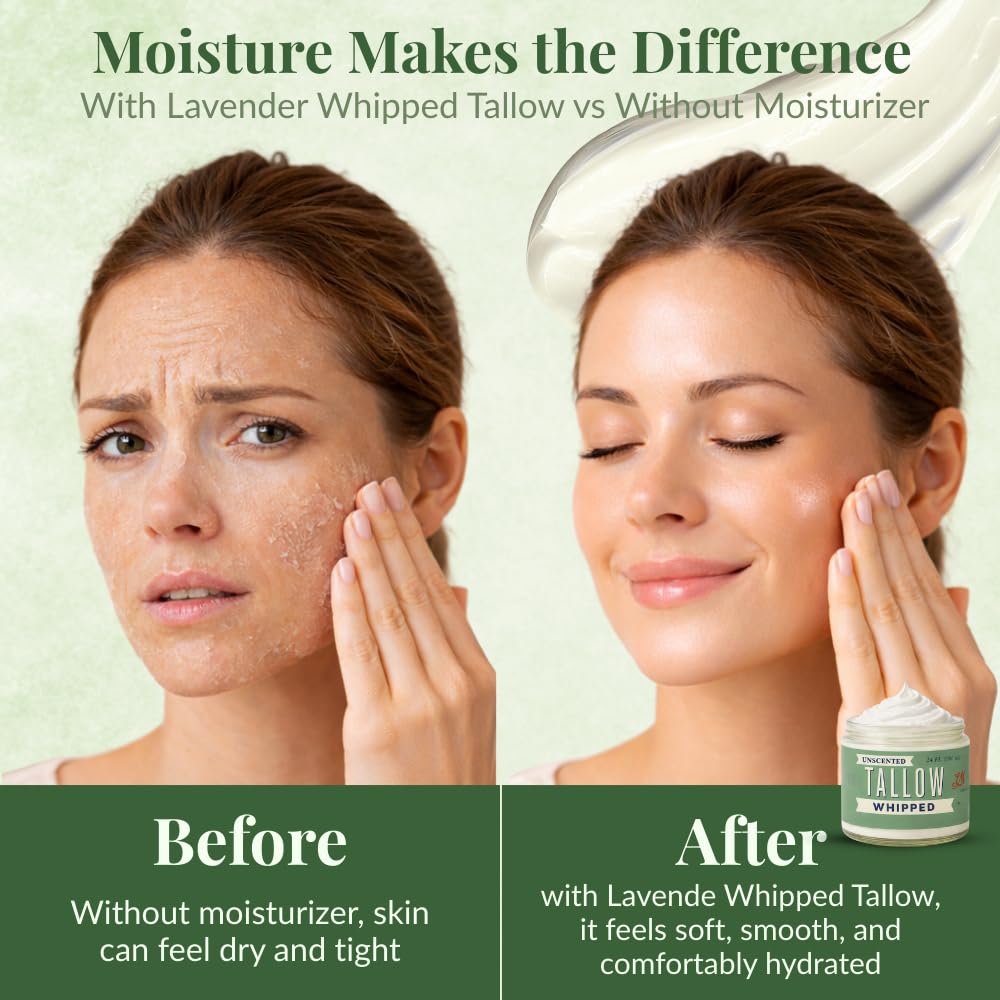 Whipped Tallow Face Cream | All-Natural Body Moisturizer for Dry Skin - 24oz, Unscented, USA Made