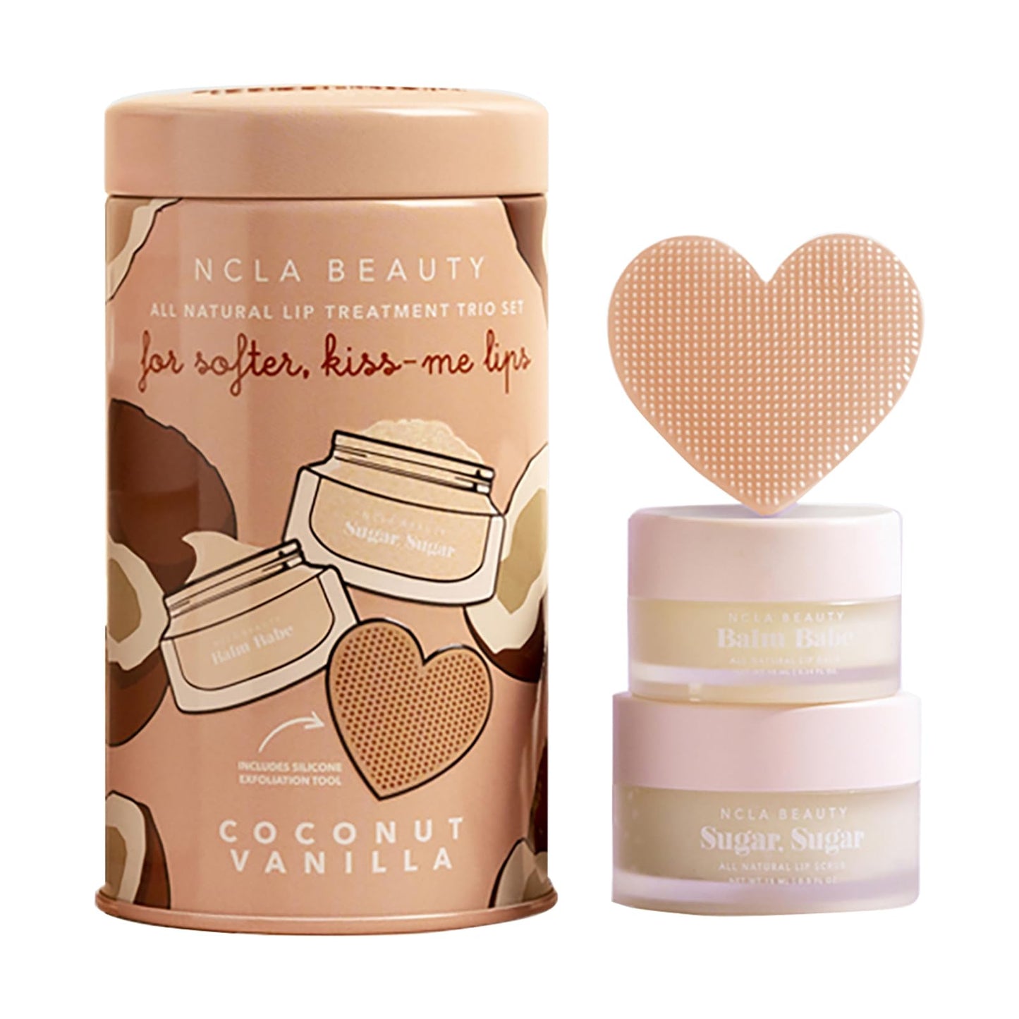 NCLA All Natural Lip Treatment Set - Hydrating Lip Balm - Vitamin C, E, and Agave Sugar Scrub with Silicone Scrubber - Coconut Vanilla - 3 pc