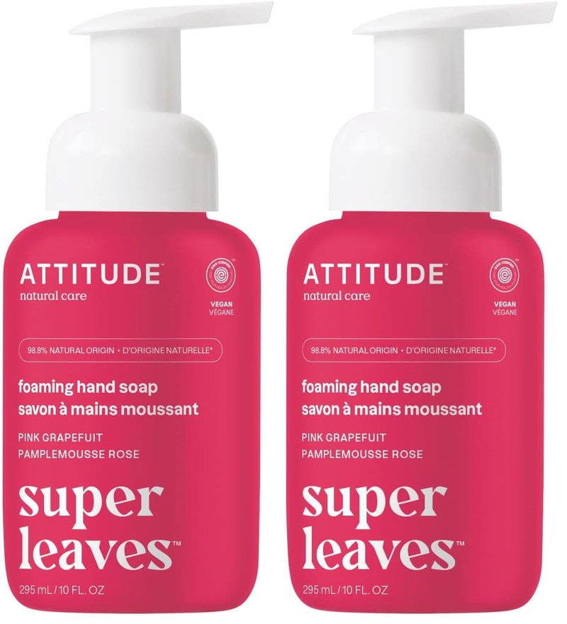 ATTITUDE Foaming Hand Soap, Plant and Mineral-Based Ingredients, Vegan and Cruelty-free Personal Care Products, Pink Grapefruit, 10 Fl Oz (Pack of 2)