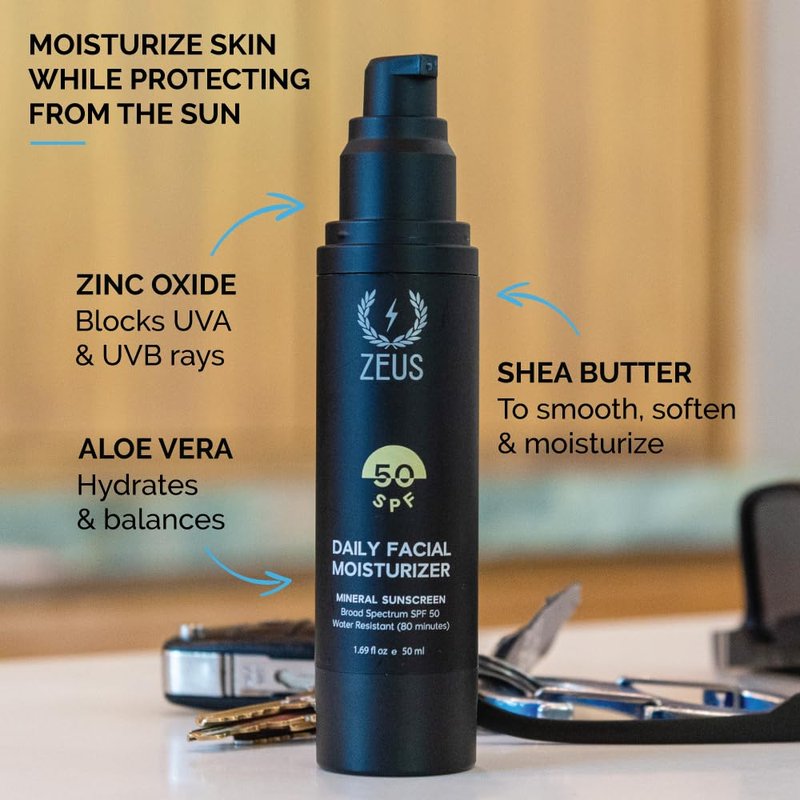 ZEUS Men’s Hydrating Face Moisturizer with SPF 50, Restores, Protects & Hydrates Skin, Daily Face Lotion for Men, Natural Mineral Sunscreen for Everyday UV Protection (Made in USA)