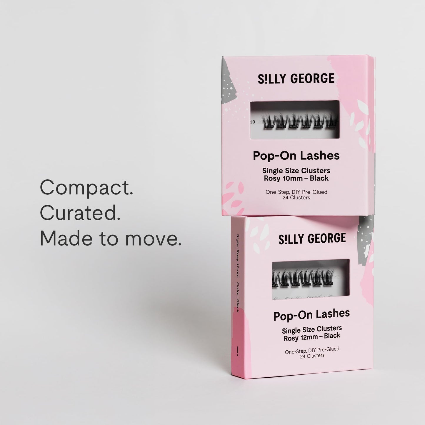 Silly George Single-Size Pop-On Lashes - DIY 1-Step Pre-Glued Faux Eyelash Cluster Kit, Natural Look Extensions, Pack of 24 Individual Clusters, Black - Rosy, 10mm