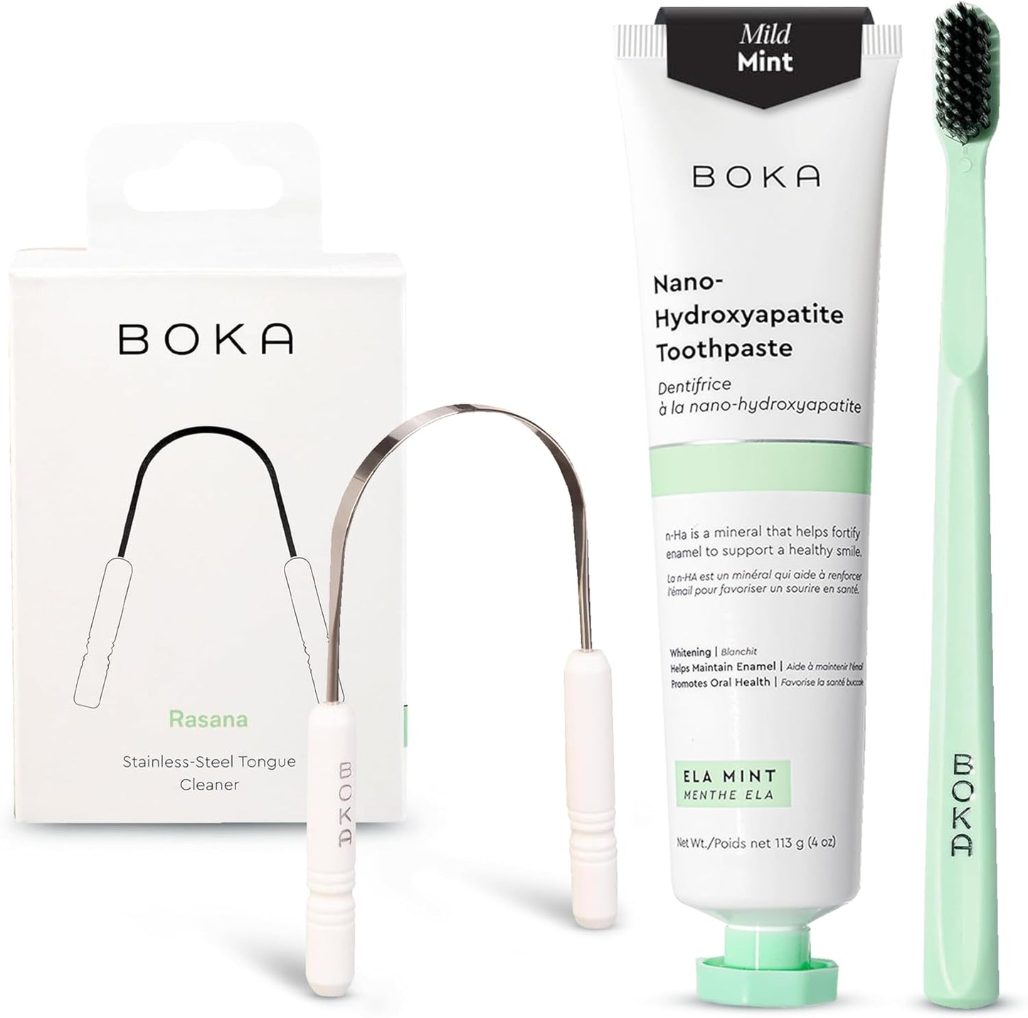 Fluoride Free Toothpaste - Nano Hydroxyapatite Mint 4oz | Classic Manual Toothbrush & Tongue Scraper Set for Adults & Kids