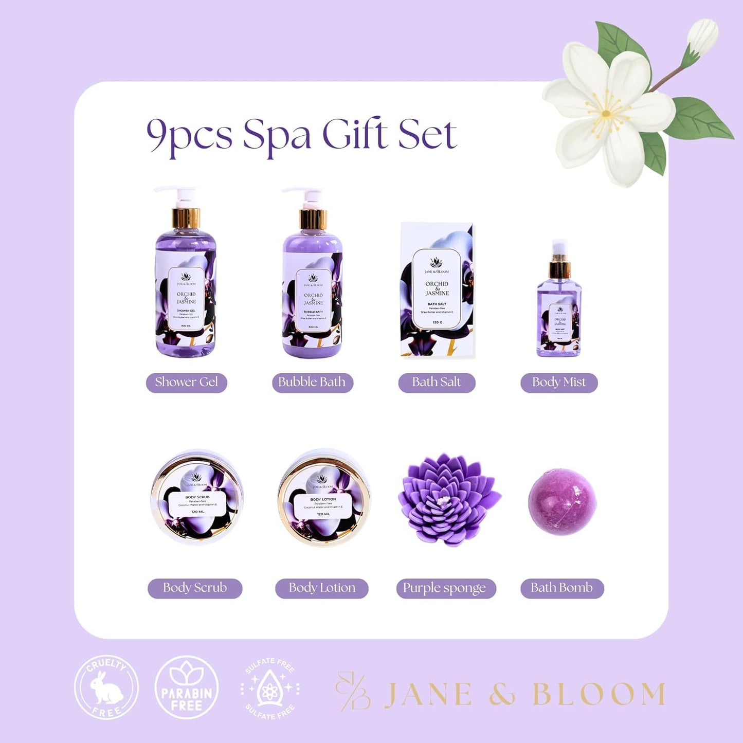 Christmas Bath Spa Gifts for Women - 9-Piece Luxury Bath & Body Set | Orchid & Jasmine Shower Gel, Bubble Bath, Lotion & More