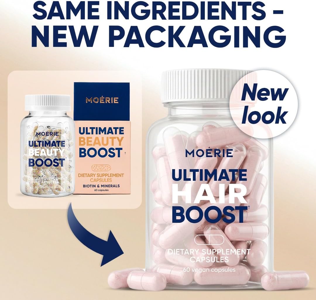 Moerie Ultimate Hair Boost Supplement for Women & Men - Hair, Skin, Nails Vitamins with Biotin & Minerals for Hair Health - Thicker Hair - 60 Capsules